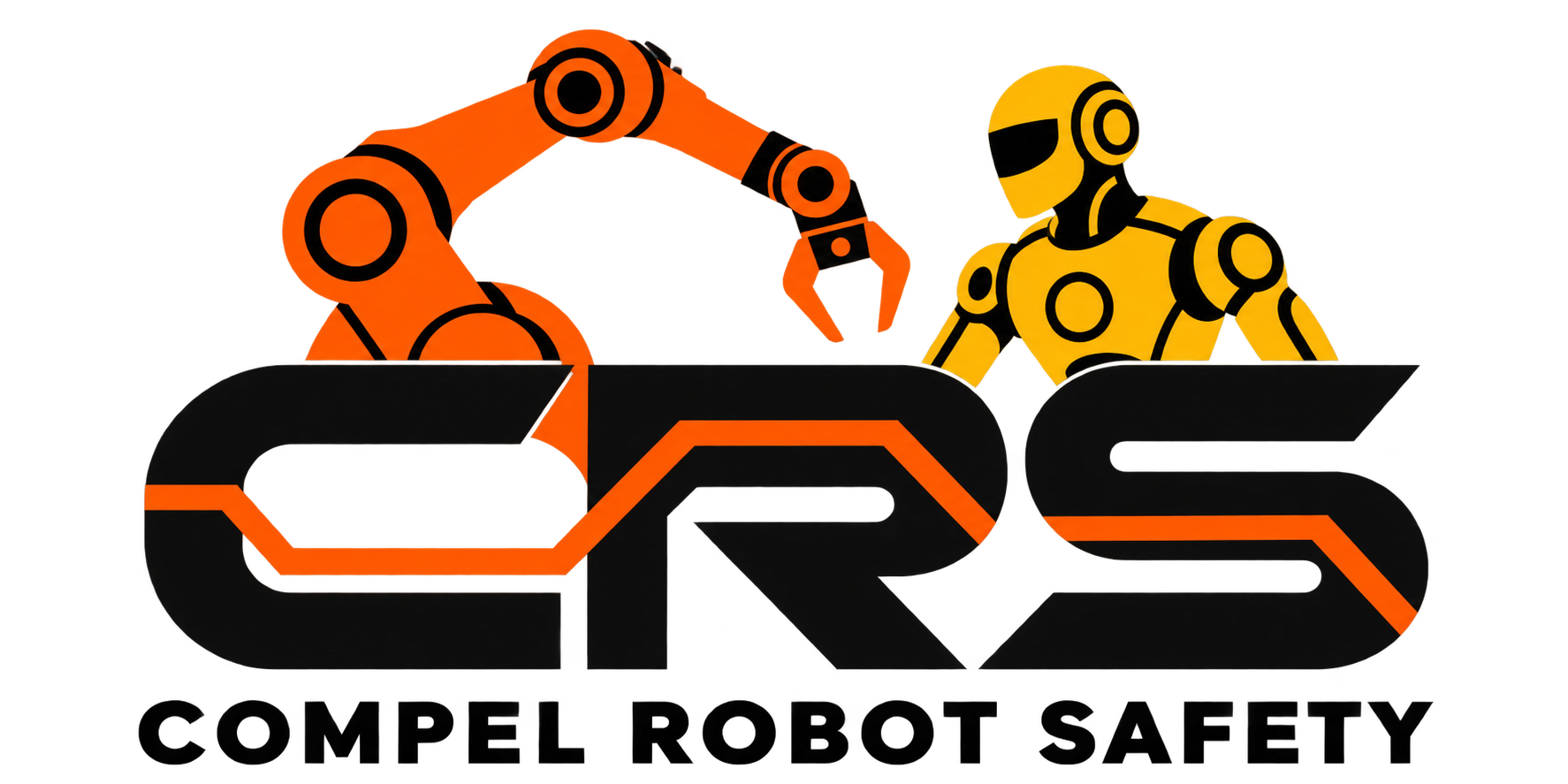 CRS Compel Robot Safety, with an orange industrial robot arm and yellow humanoid